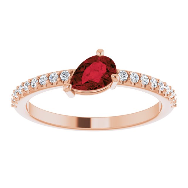 14K Gold Pear Natural Mozambique Garnet & Natural Diamond Stackable Accented Ring - Rose Gold - view 3