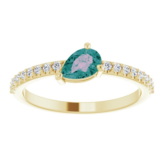 14K Gold Pear Lab-Grown Alexandrite & Natural Diamond Stackable Accented Ring - Yellow Gold - view 3