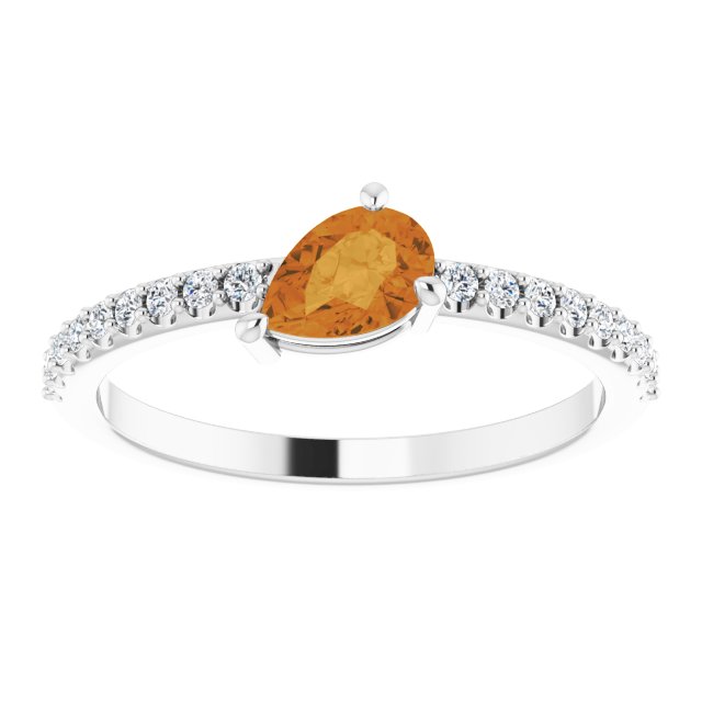 14K Gold Pear Natural Citrine & Natural Diamond Stackable Accented Ring - White Gold - view 3