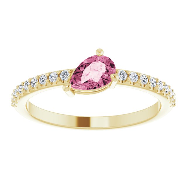 14K Gold Pear Natural Pink Tourmaline & Natural Diamond Stackable Accented Ring - Yellow Gold - view 3