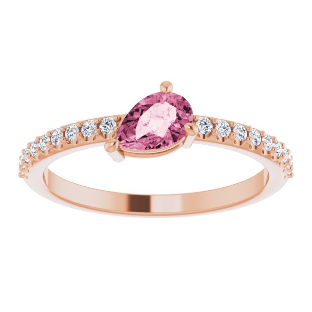 14K Gold Pear Natural Pink Tourmaline & Natural Diamond Stackable Accented Ring - Rose Gold - view 3