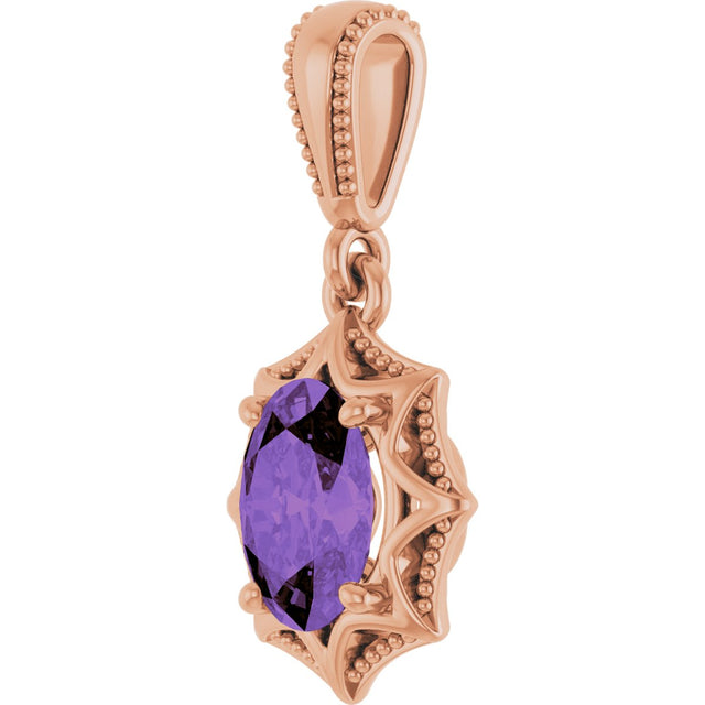 14K Gold Oval Natural Amethyst Beaded Solitaire Pendant - Rose Gold - view 2