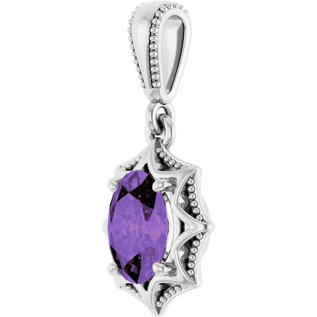 14K Gold Oval Natural Amethyst Beaded Solitaire Pendant - White Gold - view 2