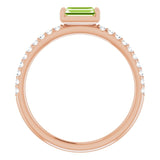 14K Gold Straight Baguette Natural Peridot & Natural Diamond Accented Stackable Ring - Rose Gold - view 2
