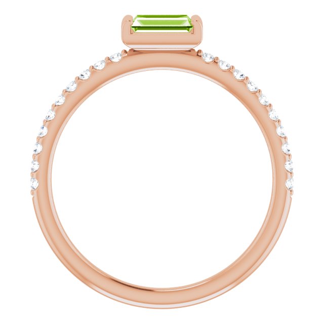 14K Gold Straight Baguette Natural Peridot & Natural Diamond Accented Stackable Ring - Rose Gold - view 2