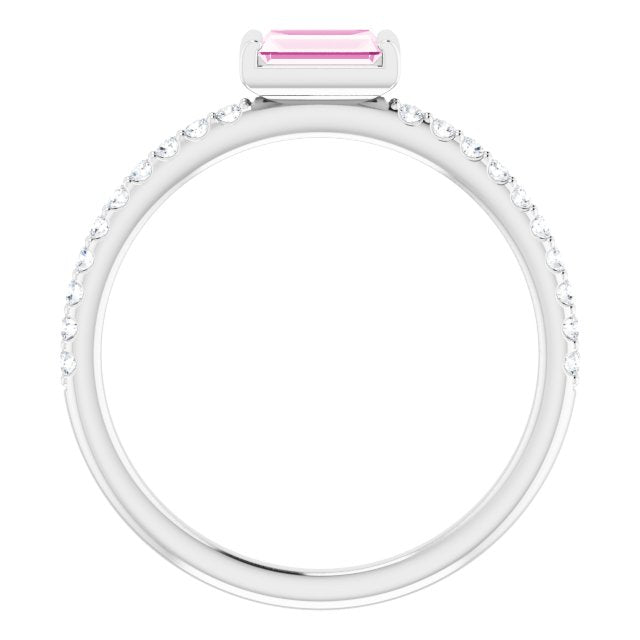 Platinum Straight Baguette Natural Pink Sapphire & Natural Diamond Accented Stackable Ring - view 2