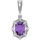 14K Gold Oval Natural Amethyst Beaded Solitaire Pendant - White Gold