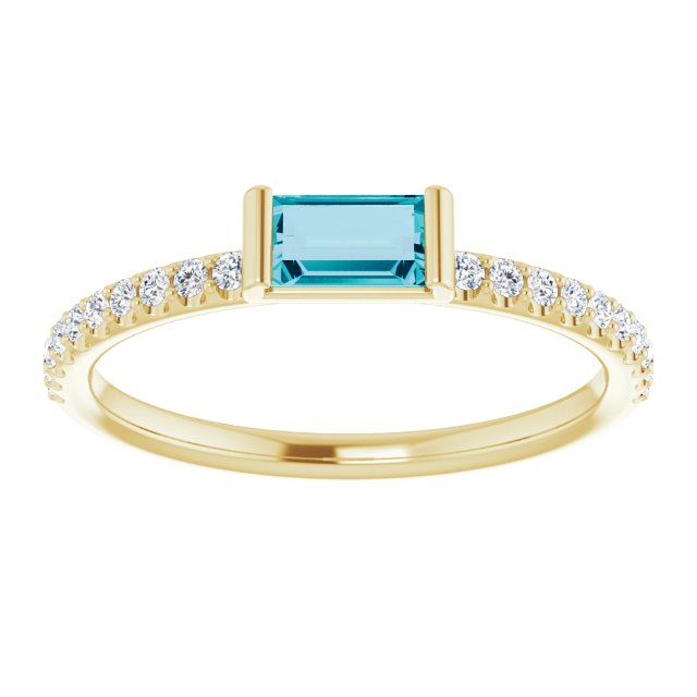 14K Gold Straight Baguette Natural London Blue Topaz & Natural Diamond Accented Stackable Ring – 5x2.5mm - Yellow Gold - view 3