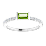 14K Gold Straight Baguette Natural Peridot & Natural Diamond Accented Stackable Ring - White Gold - view 3