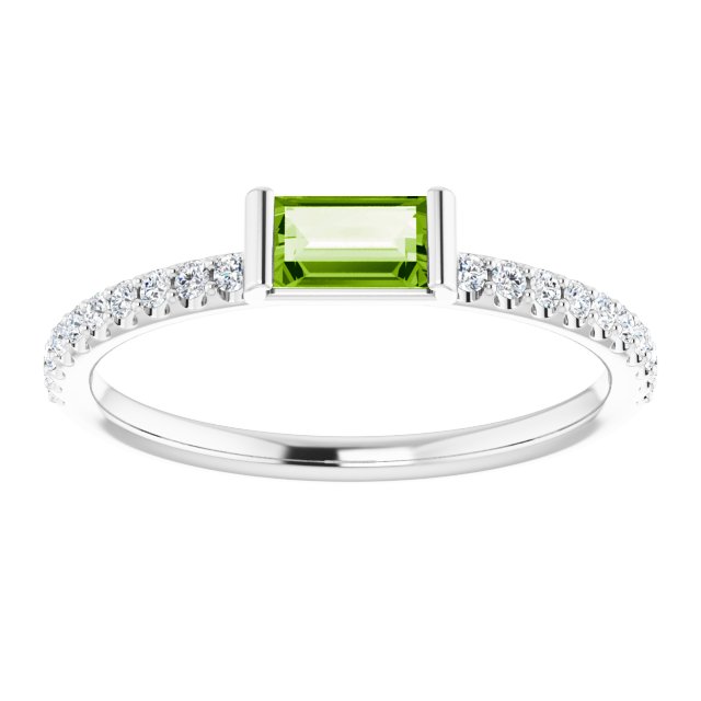 14K Gold Straight Baguette Natural Peridot & Natural Diamond Accented Stackable Ring - White Gold - view 3