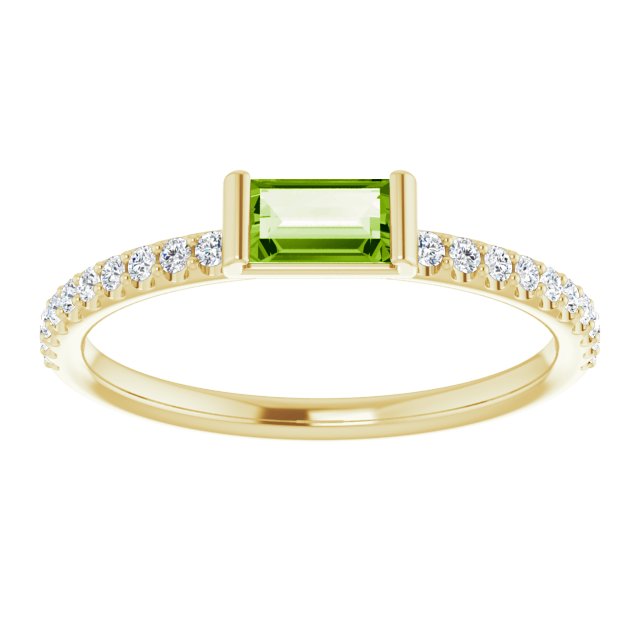 14K Gold Straight Baguette Natural Peridot & Natural Diamond Accented Stackable Ring - Yellow Gold - view 3