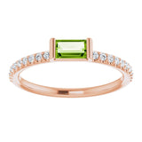 14K Gold Straight Baguette Natural Peridot & Natural Diamond Accented Stackable Ring - Rose Gold - view 3