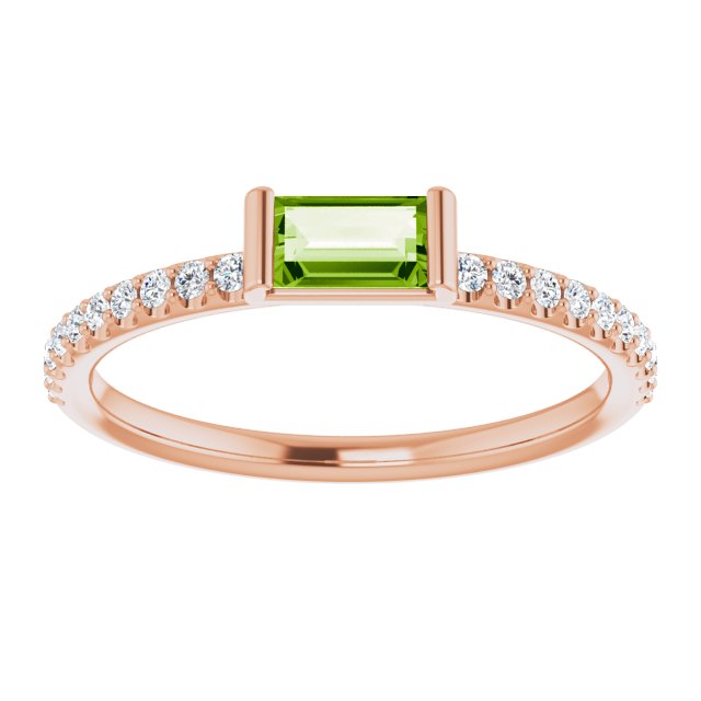 14K Gold Straight Baguette Natural Peridot & Natural Diamond Accented Stackable Ring - Rose Gold - view 3
