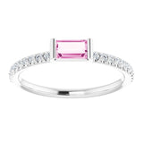 Platinum Straight Baguette Natural Pink Sapphire & Natural Diamond Accented Stackable Ring - view 3