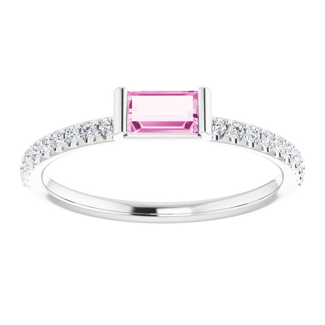 Platinum Straight Baguette Natural Pink Sapphire & Natural Diamond Accented Stackable Ring - view 3