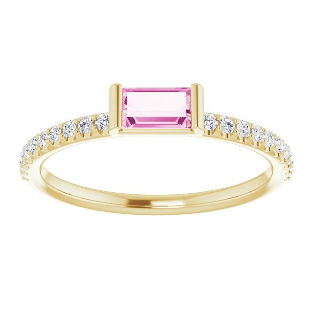 14K Gold Straight Baguette Natural Pink Sapphire & Natural Diamond Accented Stackable Ring - Yellow Gold - view 3