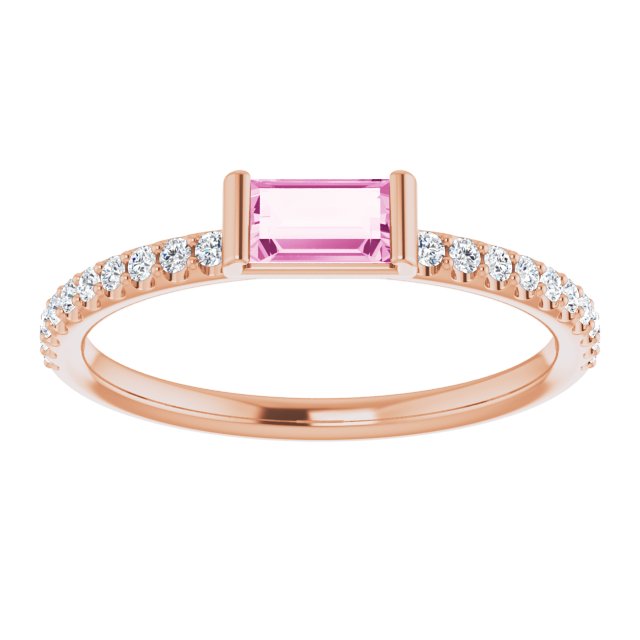 14K Gold Straight Baguette Natural Pink Sapphire & Natural Diamond Accented Stackable Ring - Rose Gold - view 3