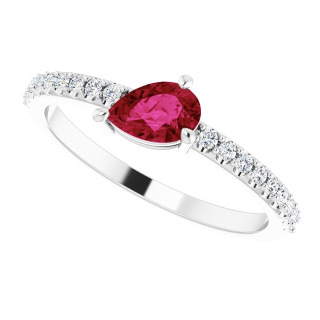 14K Gold Pear Natural Ruby & Natural Diamond Stackable Accented Ring - White Gold - view 5
