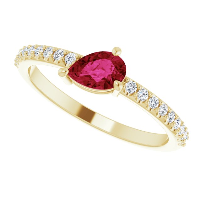 14K Gold Pear Natural Ruby & Natural Diamond Stackable Accented Ring - Yellow Gold - view 5