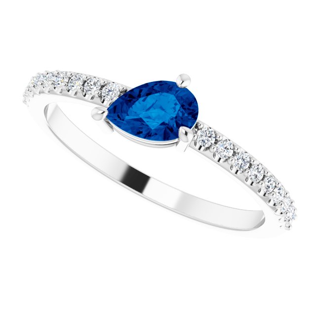 Platinum Pear Natural Blue Sapphire & Natural Diamond Stackable Accented Ring - view 5