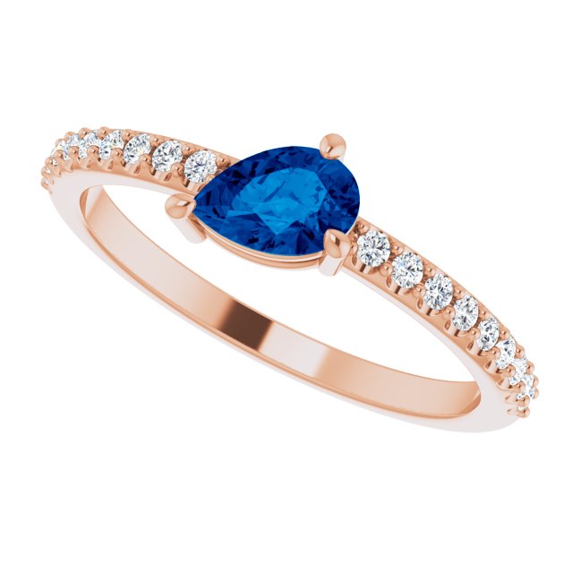 14K Gold Pear Natural Blue Sapphire & Natural Diamond Stackable Accented Ring - Rose Gold - view 5