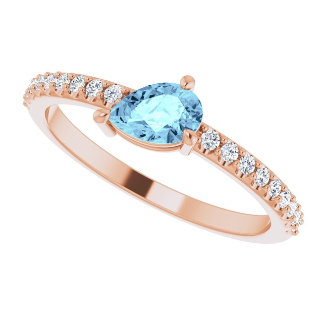 14K Gold Pear Natural Aquamarine & Natural Diamond Stackable Accented Ring - Rose Gold - view 5