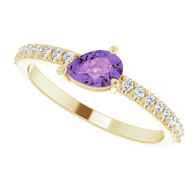 14K Gold Pear Natural Amethyst & Natural Diamond Stackable Accented Ring - Yellow Gold - view 5