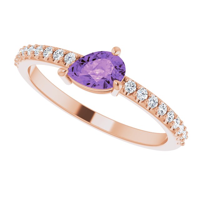 14K Gold Pear Natural Amethyst & Natural Diamond Stackable Accented Ring - Rose Gold - view 5