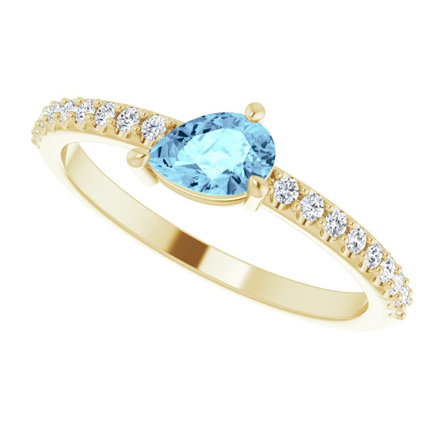 14K Gold Pear Natural Aquamarine & Natural Diamond Stackable Accented Ring - Yellow Gold - view 5