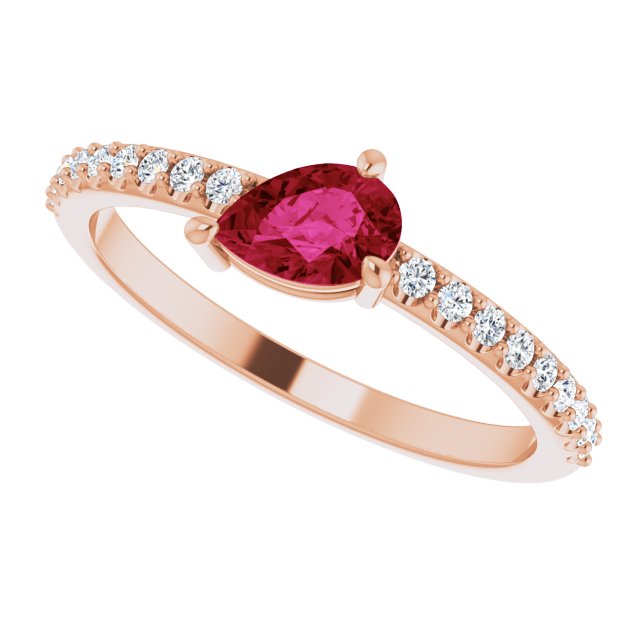 14K Gold Pear Natural Ruby & Natural Diamond Stackable Accented Ring - Rose Gold - view 5
