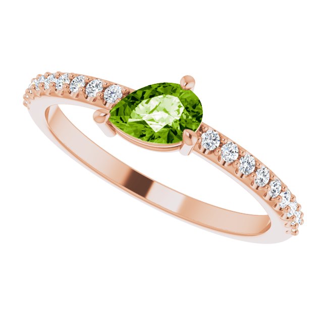 14K Gold Pear Natural Peridot & Natural Diamond Stackable Accented Ring - Rose Gold - view 5