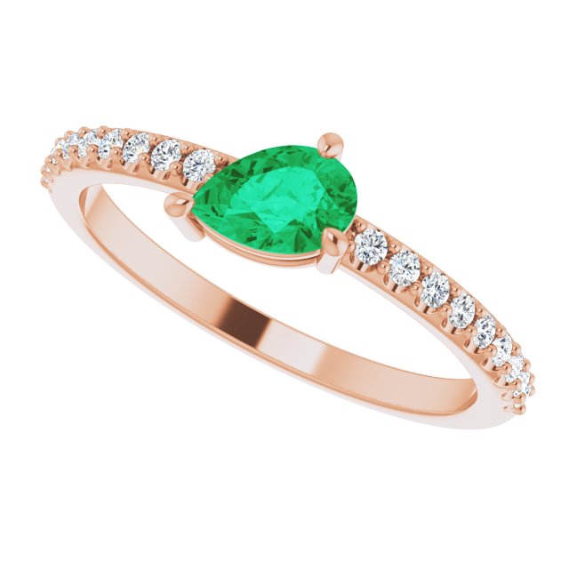 14K Gold Pear Natural Emerald & Natural Diamond Stackable Accented Ring - Rose Gold - view 5
