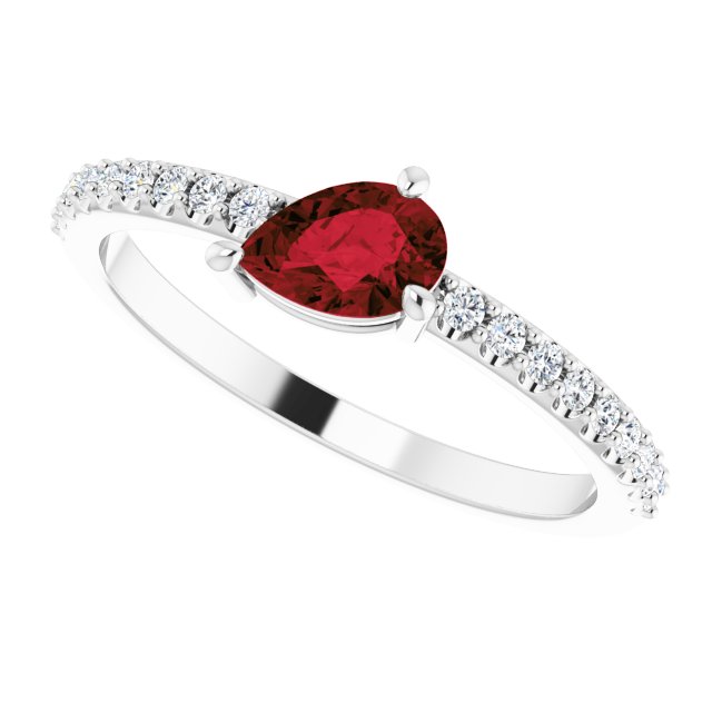 Platinum Pear Natural Mozambique Garnet & Natural Diamond Stackable Accented Ring - view 5