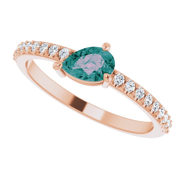 14K Gold Pear Lab-Grown Alexandrite & Natural Diamond Stackable Accented Ring - Rose Gold - view 5