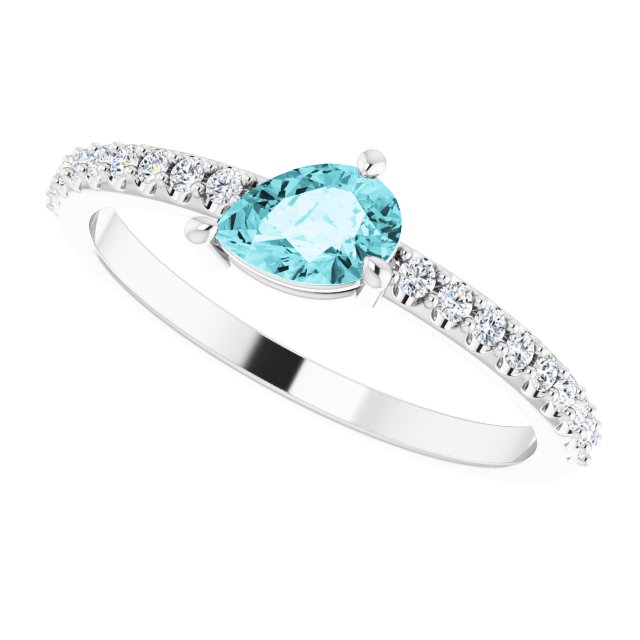 14K Gold Pear Natural Blue Zircon & Natural Diamond Stackable Accented Ring - White Gold - view 5