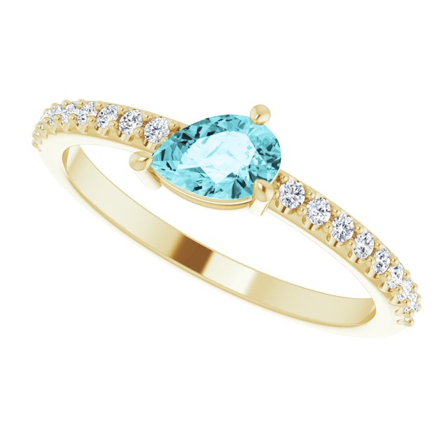 14K Gold Pear Natural Blue Zircon & Natural Diamond Stackable Accented Ring - Yellow Gold - view 5
