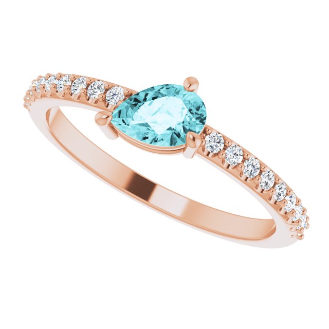 14K Gold Pear Natural Blue Zircon & Natural Diamond Stackable Accented Ring - Rose Gold - view 5