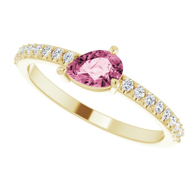 14K Gold Pear Natural Pink Tourmaline & Natural Diamond Stackable Accented Ring - Yellow Gold - view 5