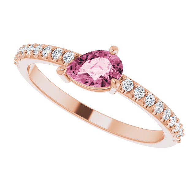 14K Gold Pear Natural Pink Tourmaline & Natural Diamond Stackable Accented Ring - Rose Gold - view 5