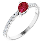 14K Gold Pear Natural Ruby & Natural Diamond Stackable Accented Ring - White Gold