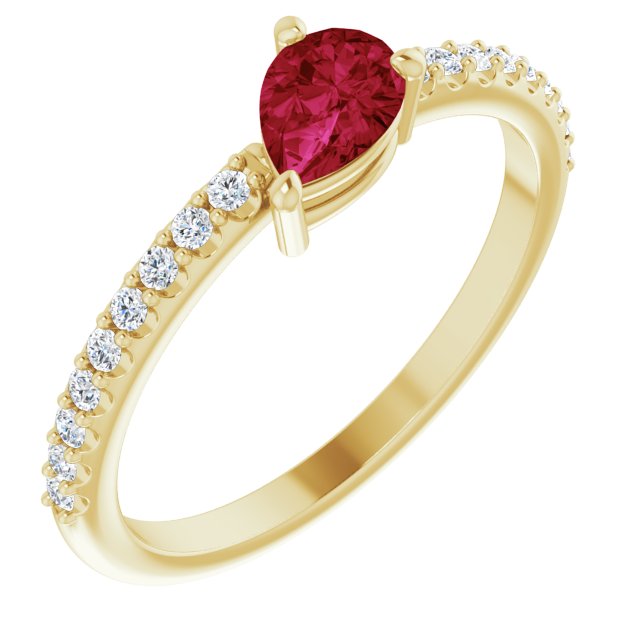 14K Gold Pear Natural Ruby & Natural Diamond Stackable Accented Ring - Yellow Gold