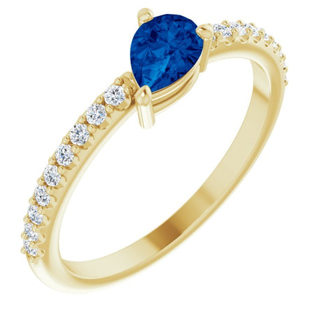 14K Gold Pear Lab-Grown Blue Sapphire & Natural Diamond Stackable Accented Ring - Yellow Gold