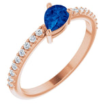 14K Gold Pear Lab-Grown Blue Sapphire & Natural Diamond Stackable Accented Ring - Rose Gold