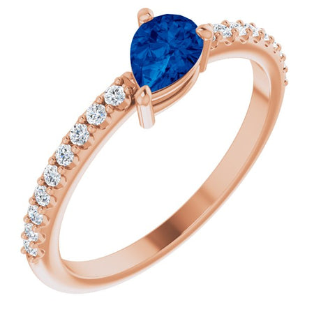 14K Gold Pear Lab-Grown Blue Sapphire & Natural Diamond Stackable Accented Ring - Rose Gold