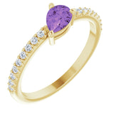 14K Gold Pear Natural Amethyst & Natural Diamond Stackable Accented Ring - Yellow Gold