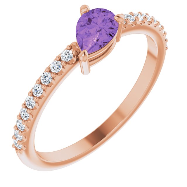 14K Gold Pear Natural Amethyst & Natural Diamond Stackable Accented Ring - Rose Gold