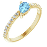 14K Gold Pear Natural Aquamarine & Natural Diamond Stackable Accented Ring - Yellow Gold