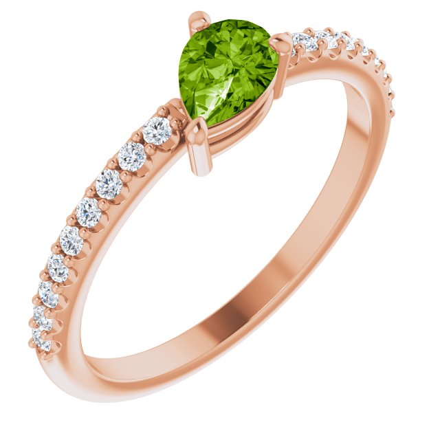 14K Gold Pear Natural Peridot & Natural Diamond Stackable Accented Ring - Rose Gold