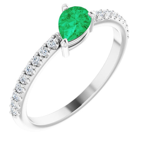 14K Gold Pear Natural Emerald & Natural Diamond Stackable Accented Ring - White Gold