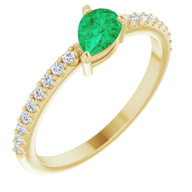 14K Gold Pear Lab-Grown Emerald & Natural Diamond Stackable Accented Ring - Yellow Gold